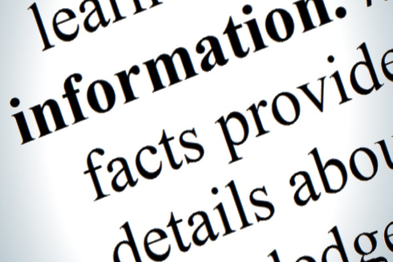 Photo of words on a page with the word “information” in bold type